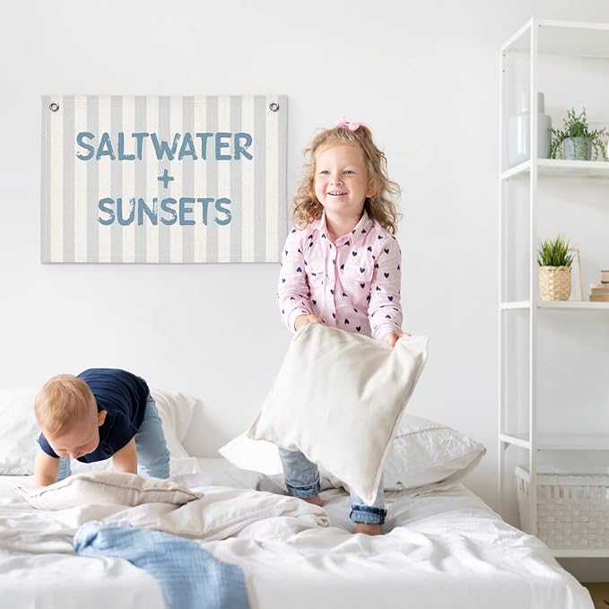Coastal Beach Saltwater Sunsets Grey Striped Kids Room Decor - Linen Banner Wall Hanging Canvas Banner Flag Decor for Kids Toddler Bedroom Nursery Playroom