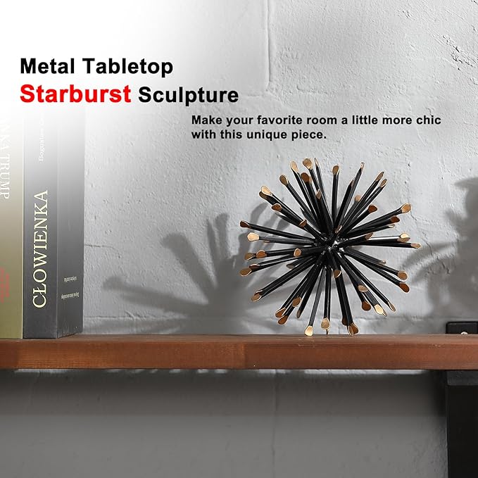 Retrome 6.5 Inch Starburst Table Decoration, Modern Metal Decorative Spike Tabletop Sculpture Shelf Accents, Black & Gold