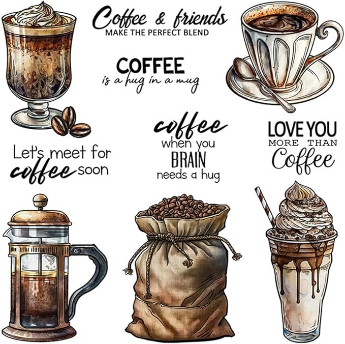 Coffee Beans Cup Stamps and Cutting Dies for Card Making DIY Transparent Silicone Clear Stamp and Metal Die Cuts Sets for Scrapbooking Paper Greeting Cards Decor Seals Craft Supplies