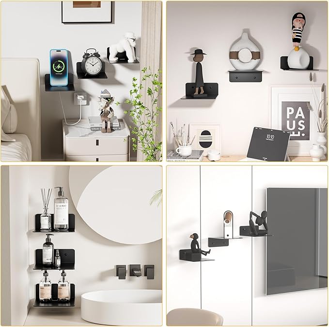 Small Wall Shelves Set of 3, 5 Inch Metal Display Ledges for Small Models, Funkos, Collectibles, Little Statues, Adhesive Floating Shelves for Bathroom, Living Room, Bedroom (Black)