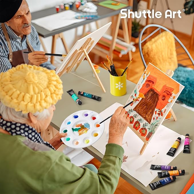 Shuttle Art 69 Pack Acrylic Paint Set, Painting Set with 2 Pack of 15 Colors Acrylic Paint, 3 Sets of Wooden Easels, Canvas, Brushes & Palettes, Art Painting Supplies for Kids Adults Beginner