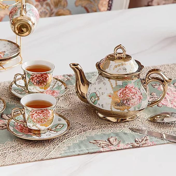CHANJOON tea sets Gold Plated Red Rose Ceramic Tea Set, Vintage Teapot Tea Sets Beautiful Tea Set Coffee Serving 6 People (Golden, Medium)