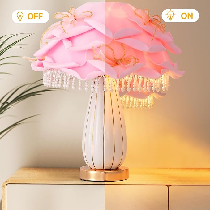 Pink Flower Lamp Romantic Bouquet Bedside Lamp Cute Nightstand Light Nordic Bow Table Lamp for Bedroom Living Room Entry Office Study Room Kid Room Valentines Dating Wedding Chirstmas Deco