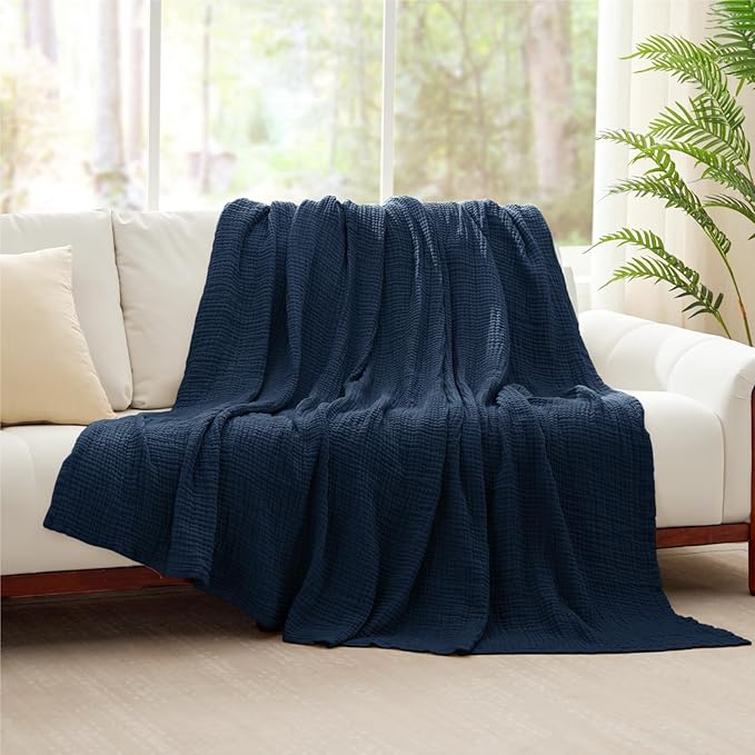 100% Cotton Muslin Blanket Queen 90" x 90", 6 Layers Breathable and Lightweight Cotton Throw Blanket for Bed, Soft Quilt Bedspread Coverlet, Gauze Blanket for Adults All Season, Navy