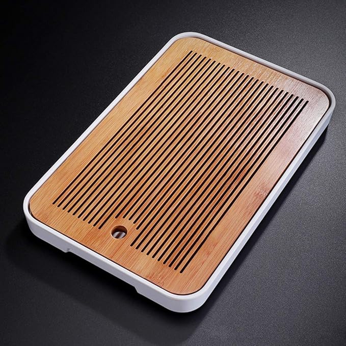 14 Inch Bamboo Chinese Gongfu Tea Tray Table Box with Water Storage for Kungfu Tea Set (Style 5 White)