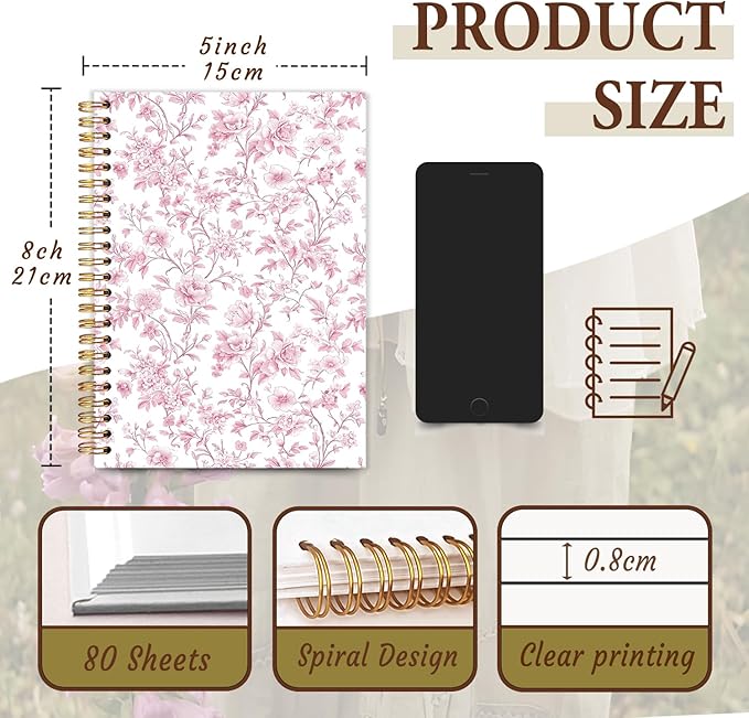 Floral Cute Notebook Journal Gifts for Women, Coquette Pink Gifts Spiral Notebook for Teen Girls,Aesthetic Journal 5.5x8.3 Inch,School Office Supplies