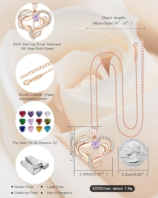Mothers Day Gifts for Mom - Rose Heart Necklaces for Women, 925 Sterling Silver Birthstone Jewelry to My Wife Necklace, Birthday Gifts for Mother Grandma Girlfriend Her