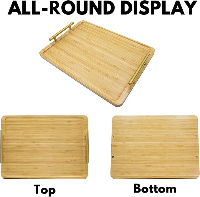 2 Pack Bamboo Serving Tray with Handles, 15.8×11.4“ Solid Wooden Tray for Food, Rectangular Tray for Ottoman, Coffee Table, Living Room