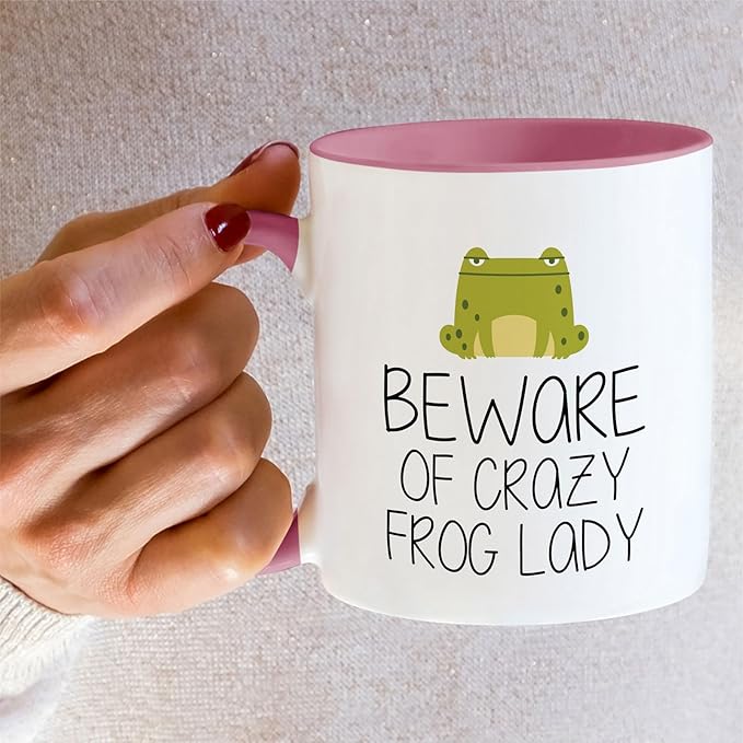 Retreez Funny Mug - Beware of Crazy Frog Lady 11 Oz Ceramic Coffee Mugs - Funny, Sarcasm, Sarcastic, Motivational, Inspirational birthday gifts - White Mug with Pink Handle and Inner