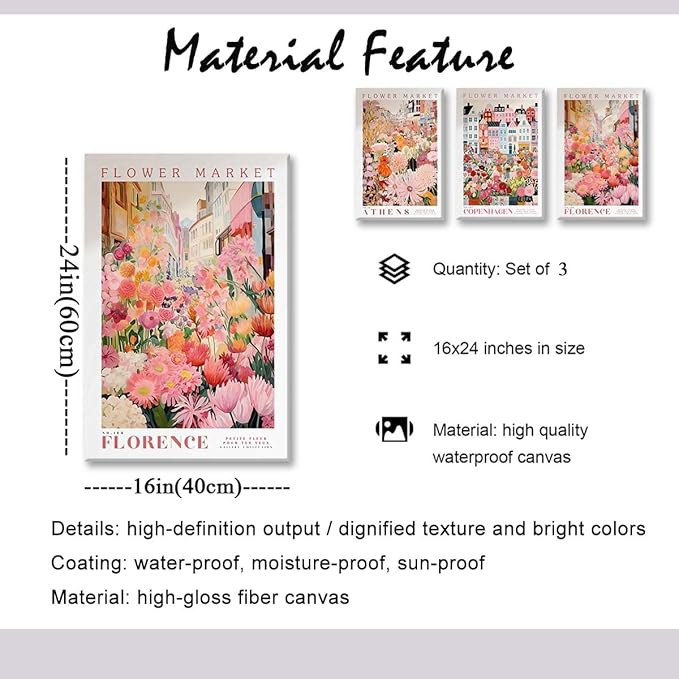 XLARTMY Flower Market Wall Art Print Canvas Framed Pink Floral Paintings Colorful Botanical Sunflower Artwork Travel Poster for Decor Picture 3 pieces for Living Room Bedroom Bathroom 16x24in