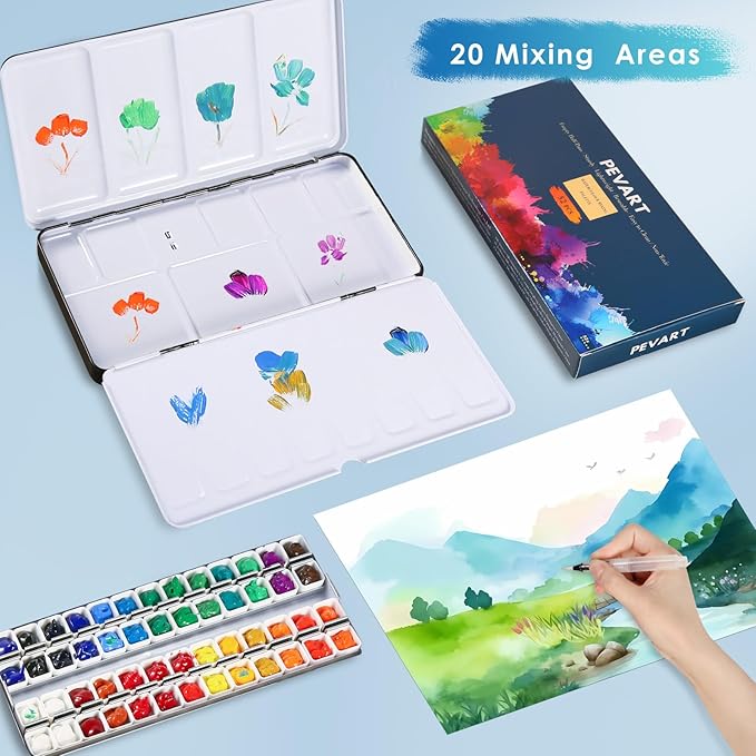 PEVART Watercolor Tin Palette, Metal Empty Paint Case with 52 PCS Empty Half Pans and a Water color Pen Suitable for DIY Travel Watercolor Palette, Acrylic and Oil Painting