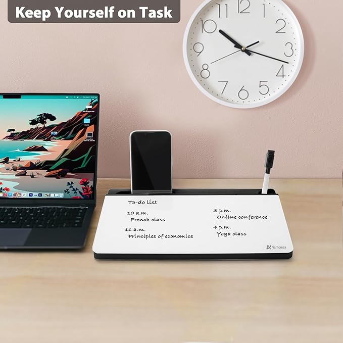 Varhomax Small Glass Desk Whiteboard, Dry Erase Desktop White Board with Storage Caddy to-do List Desk Buddy Memo Notepad for Office, School and Home Office Accessories Supplies (Black & White)