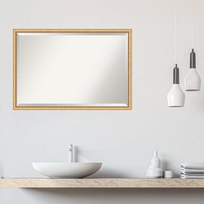 Amanti Art Gold Wall Mirror 26x38 Salon Scoop Gold Rectangle Bathroom Mirror for Wall Decor Living Room, Large Casual Wood Frame, Hangs Horizonally and Vertically, Bathroom Decor, Beveled Edge