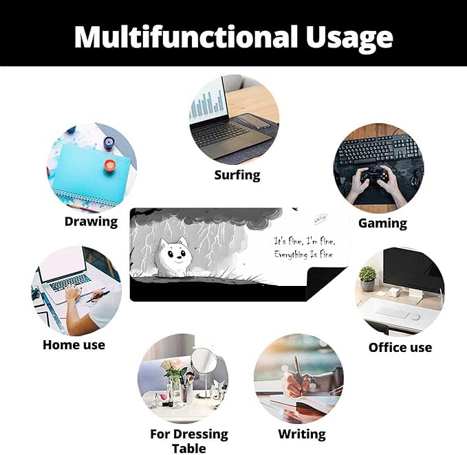 Cute Mouse Pads for Desk, Large Non-Slip Rubber Base Mousepad, Keyboard Mat Mouse Mat Desk Pad with Stitched Edges, It's Fine I'm Fine Extended Desk Protector for Home Office 31.5x11.8inch