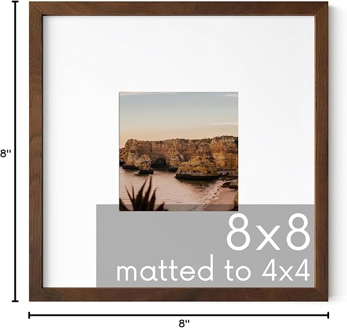 HAUS AND HUES Walnut Oak Wood 8x8 Picture Frame Matted to 4x4 - Square Frame with Plexiglass, Contemporary Frame for Photos and Art (8x8 in, Walnut, Set of 1)