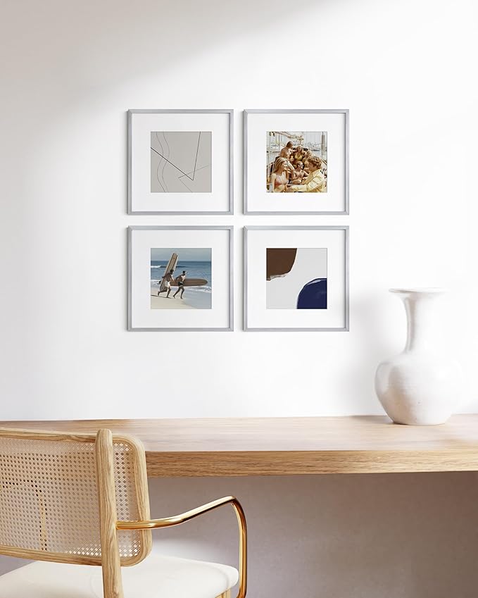HAUS AND HUES 12x12 Silver Metal Picture Frames Matted to 8x8 - Premium Aluminum with Hanging Hardware, Shatterproof Plexiglass - Ideal for Home or Office (12x12 in, Silver, Set of 4)