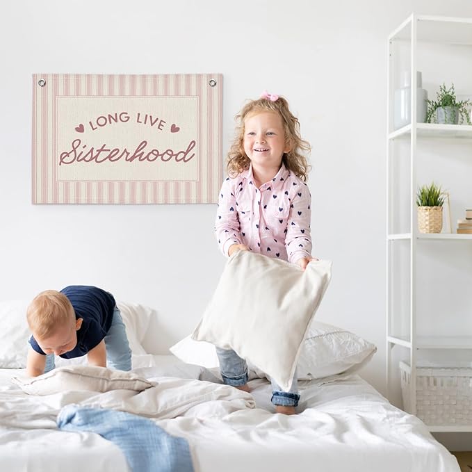 Long Live Sisterhood Preppy Pink Striped Girls Room Decor - Linen Banner Wall Hanging Canvas Banner Flag Decor for Toddler Girly Bedroom Playroom Nursery Dorm Apartment