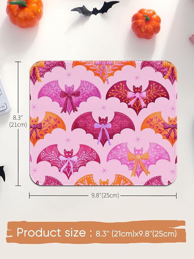 Seorsok Halloween Funny Bat Mouse Mat,Bow Ribbon Decor Mouse Pads for Office Laptop,Washable Square Cute Mousepads with Extended Stitched Edges Non Slip Rubber Base 9.5"x7.8"x0.12" Inch,Purple