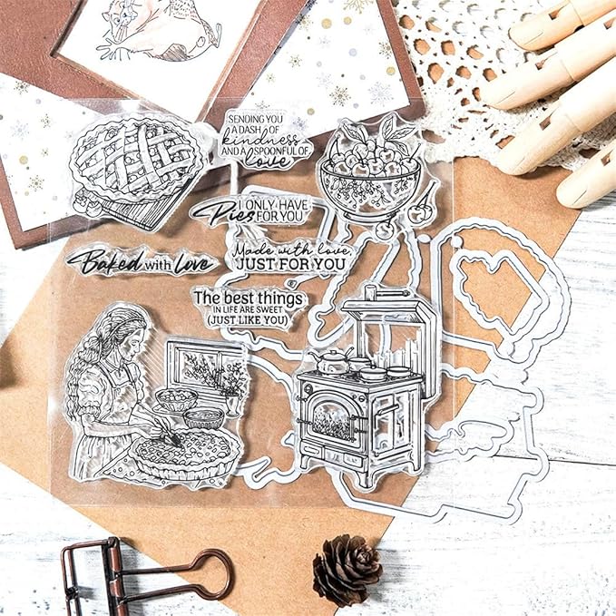 Baked Pizza Cherries Stamps and Cutting Dies for Card Making DIY Transparent Silicone Clear Stamp and Metal Die Cuts Sets for Scrapbooking Paper Greeting Cards Decor Seals Craft Supplies