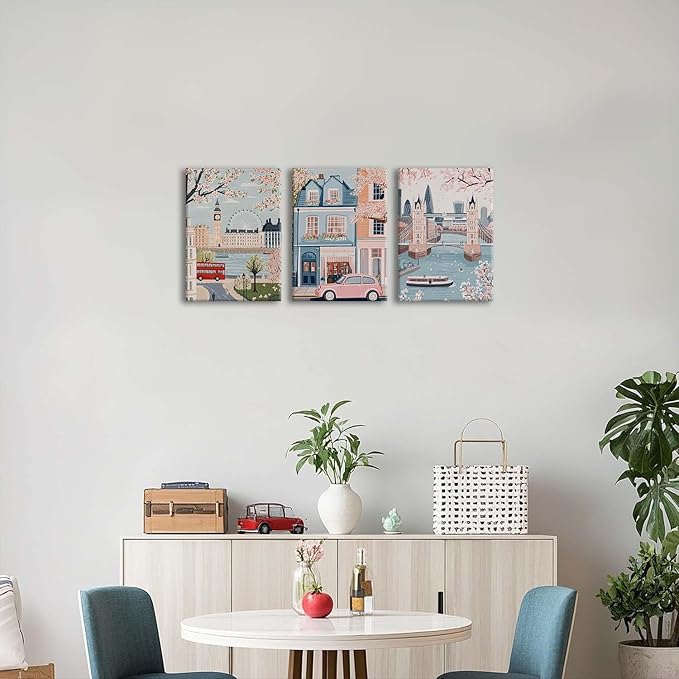 XLARTMY Watercolor City Landscape Travel Wall Art Canvas Framed Pink Cherry Flower Poster Girly Prints Painting Pictures Set of 3 for Bedroom Living Room Office 12x16in