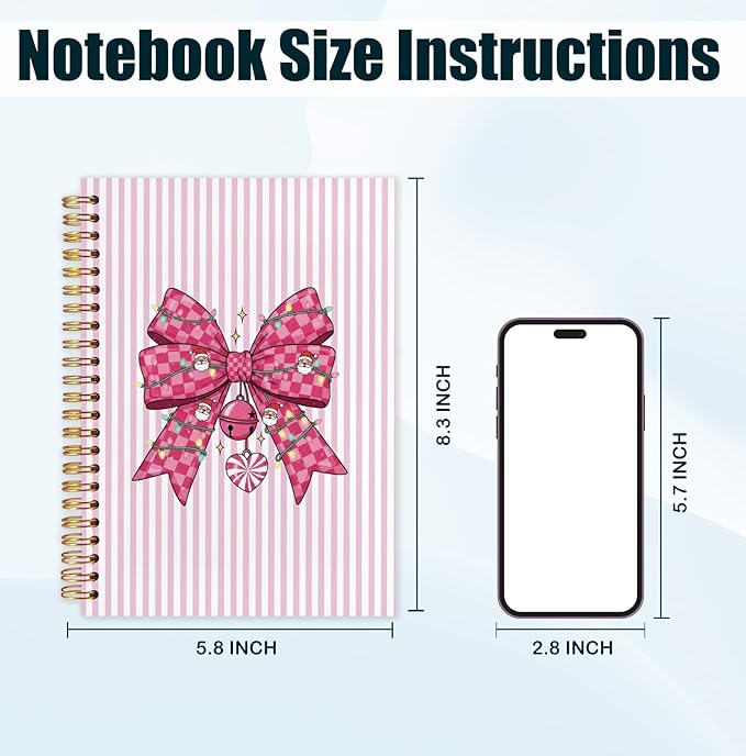 Coquette Pink Plaid Bow Christmas Spiral Notebook, Preppy Christmas Journal for School Office Supplies, Girly Xmas Pink Aesthetic Holiday Hardcover Journal 5.5x8.3 Inch