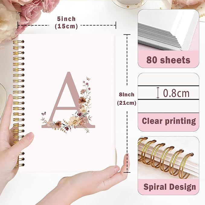 Lacama Pink Initial Letter A Notebook Journal, Aesthetic Wildflower Personalized Spiral Notebook, Customized Monogrammed Gifts, Birthday Gifts for Women, School Supplies, Office Supplies 5.5x8.3