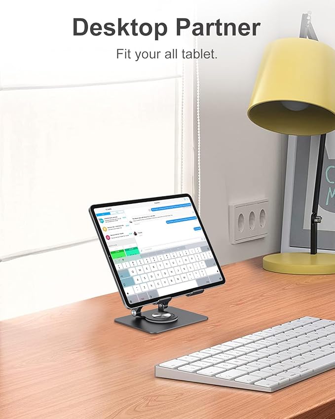 JUANWE Swivel iPad Stand for Desk, Aluminum Tablet Stand for Desk with 360 Rotating Base, Adjustable & Foldable iPad Holder, Compatible with Tablets, Switch, Kindle, Phone