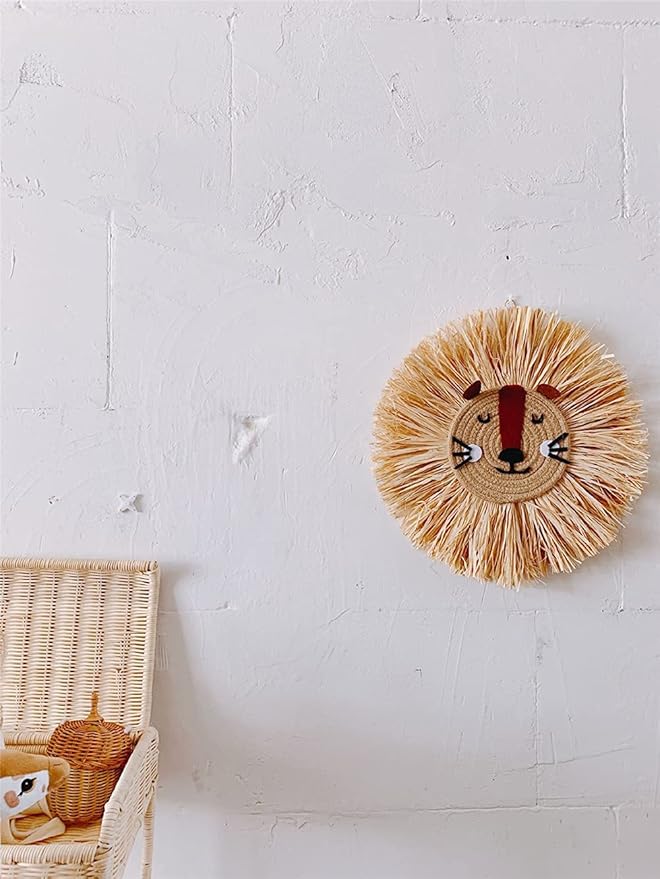 Charlbytion Wall Art Animal Head Hand Knitted Hanging,Cotton Thread Weaving Straw Cartoon Tassel Beard Lion Tiger Macrame Pendant Nursery Room Wall Decor for Home Decoration (16''*16'', F)