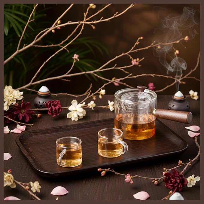 Bokon 8 Pcs Glass Teapot Set 500ml Glass Teapot with Removable Infuser 6 Pcs 100ml Transparent Cups and Bamboo Tea Tray for Home Travel Office Outdoor Gifts
