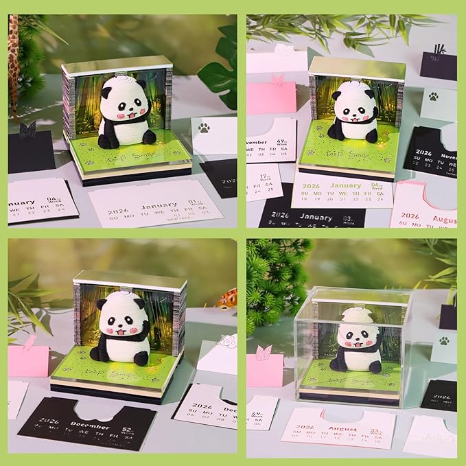 3D Calendar 2026, Panda Bamboo Forest Time Piece Calendar 2026, Daily Tear-Off Memo Pad with LED Light, Paper Carving Desktop Decoration, Unique Holiday & New Year Craft Gift