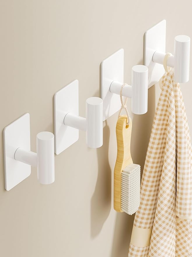 Towel Hooks for Bathrooms – 4 Pack, Smooth White Finish, T-Shaped Stainless Steel Adhesive Wall Hooks for Robes & Towels in Kitchen, Shower, or Closet