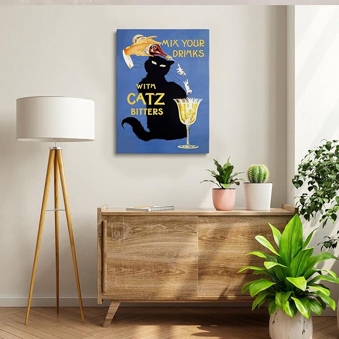 Catz Bitters Print, Vintage Beverage Poster, Bar Cart Wall Art,Black Cat Wall Art, Vintage Cat Alcohol Poster,Alcohol Print Horizontal,Bar Wall Decor,Bar Cart Decor12x16 Framed