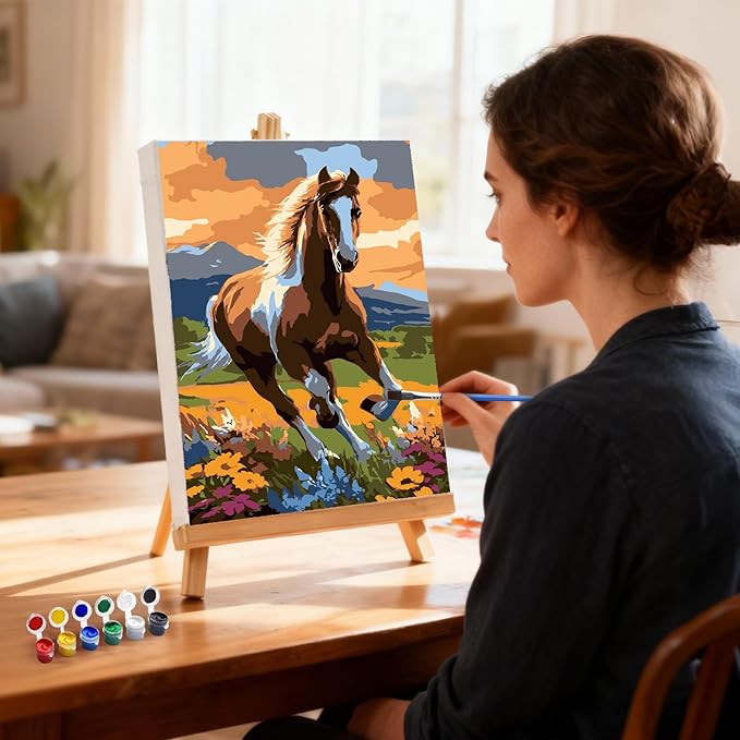 MXJSUA Horse Framed Paint by Numbers for Adults Beginners, Easy Adults' Paint-by-Number Kits on Canvas with Easel, Animal Acrylic Number Painting Crafts Kits Gifts for Home Decor, 8x12inch