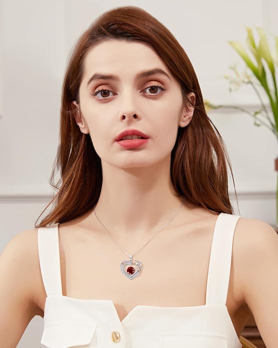 Women's Birthstone Necklace, Holiday Gift for Girlfriend, 925 Sterling Silver Heart Rose Necklace, Anniversary Birthday Gift for Wife, Daughter