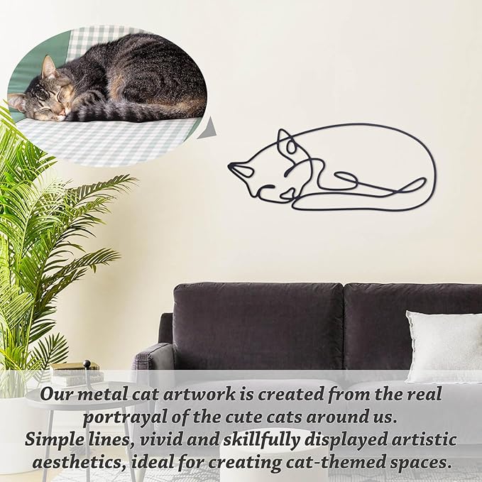 TYLCC Black Metal Cat Wall Decor Minimalist Abstract Cat Wall Art Line Drawing Art for Living Room Bedroom Decorations (Sleeping)