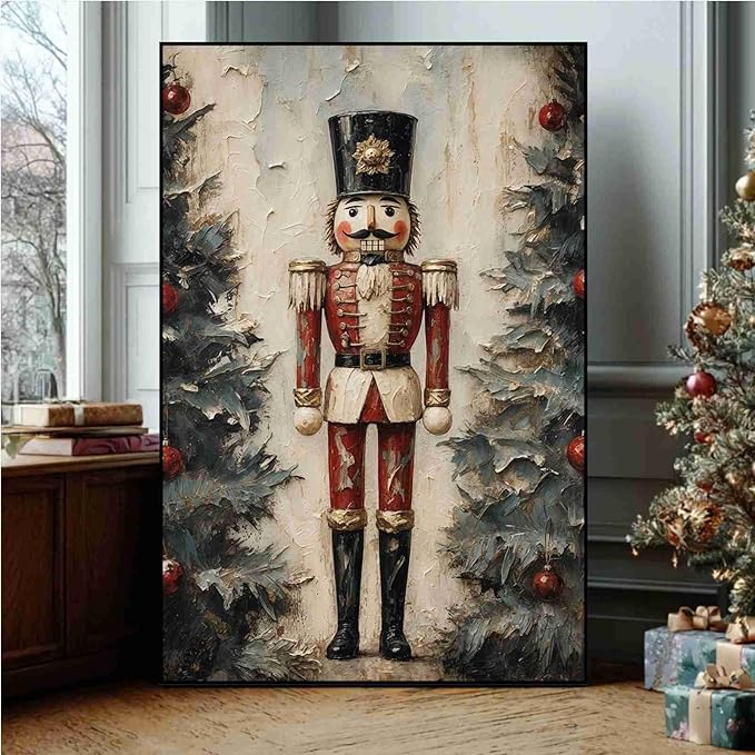 Nutcracker Soldier Vintage Christmas Art Holiday Doll Canvas Wall Art Traditional German Decor Red Uniform Soldier Prin Poster Indoor Decor for Home Offices Living Room Bedroom Framed Ready to Hang