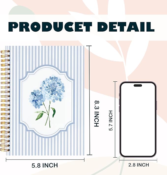 Blue Hydrangea Spiral Notebook Journal, Hydrangea Gifts, Cute Blue and White Stripes Girly Floral Journal Notebook Aesthetic Office Supplies, 5.5x8.3 Inch