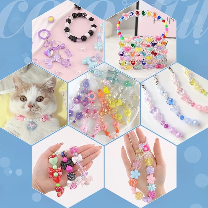 600-650PCS TINKRSTUFF Assorted Acrylic Beads 9 Mixed Colors Cute Beads for Bracelet Making, Bow Aesthetic GummyBear Flower Butterfly Kawaii Charms for Jewelry Making DIY Necklace Keychain Phone Charm