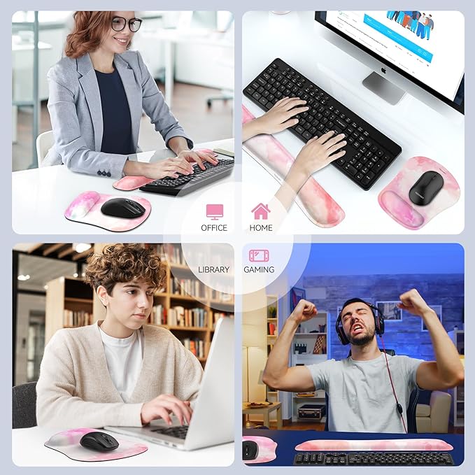 TECKNET Keyboard Wrist Rest and Mouse Pad with Wrist Support, Memory Foam Set for Computer/Laptop/Mac, Lightweight for Easy Typing & Pain Relief Ergonomic Mousepad (Pink Flower)