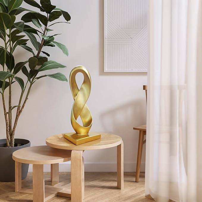 SIMON'S SHOP Gold Accent Decor, Modern Abstract Sculpture, 14.5'' Tall Figure Eight Infinity Statue, Hand-Painted Resin Tabletop Decoration for Home or Office