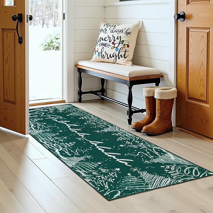 jinchan Deck The Halls Christmas Runner Rug 2x5 for Entryway Washable Christmas Tree Kitchen Rug Green Xmas Hallway Mat Non-Slip Soft Carpet Winter Festive Holiday Decor for Bathroom Porch Bedside