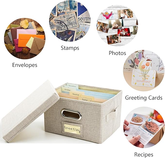 Greeting Card Organizer and Storage Box with 20 Pcs Adjustable Dividers, Storing Cards with 84 Pcs Labels Perfect for Storing Greeting Cards, Envelopes, Photos 1 Pack Beige