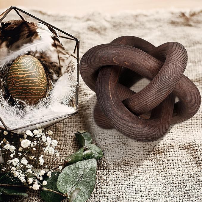 Yalikop 3 Link Wood Knot Decor Rustic Home Décor Accents Hand Carved Coffee Table Decoration, Boho Chain Link Decoration, Modern Shelf, Rustic Objects for Home Living Room Bedroom(Black Walnut)