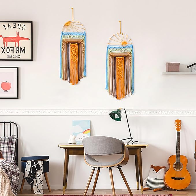 2 Pack Macrame Sun Wall Decor Hanging Tapestry Sunrise Sunset Wall Art Set, Hand Woven Boho Tapestries Colorful Decor for Bedroom Living Room Nursery Apartment (2 Pcs)