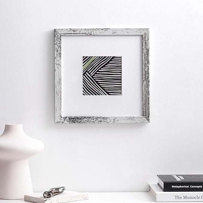eletecpro 10x10 Picture Frames Set of 9 with Mat for 5x5 Photos or without Mat for 10x10, Square Gallery Wall Decor Collage for Picture Display, Distressed White Frame Set for Wall Hanging