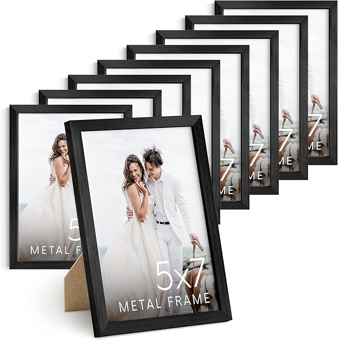 HAUS AND HUES 5x7 Black Metal Picture Frames - Features Premium Aluminum, Vertical Hanging & Easel Back, Shatterproof Plexiglass - Ideal for Home, Room, Office (5x7 in, Black, Set of 9)