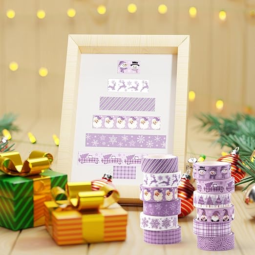 Purple Christmas Washi Tape - 12 Rolls Elegant Santa Reindeer Snowflake Watercolor Aesthetic Adhesive Decorative for Journal Gift Wrapping, Scrapbook, Photo Albums, Easy Tear DIY Art Crafts