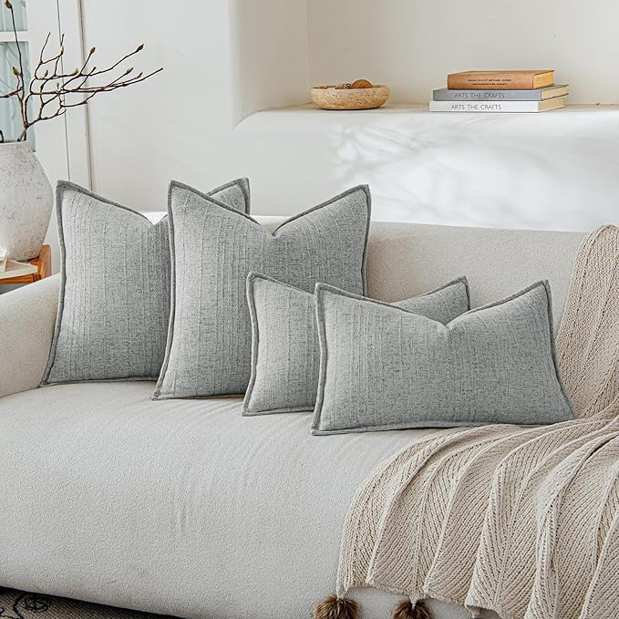 a moment Linen Pillow Covers Set of 2,Boho Farmhouse Throw Pillowcases Neutral Textured Decorative Covers for Couch Sofa,Soft Linen Blend Accent Case Cushion Living Room Home Decor 20"x12"Sky Gray