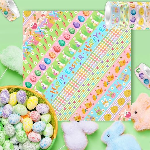 12 Rolls Happy Easter Washi Tape, Cute Animals Chicks Rabbits Farm Masking Tape, Easter Plaid Pattern Decorative Paper Stickers for Holiday Scrapbook Journal DIY Crafts Gift Packing 16.4FT