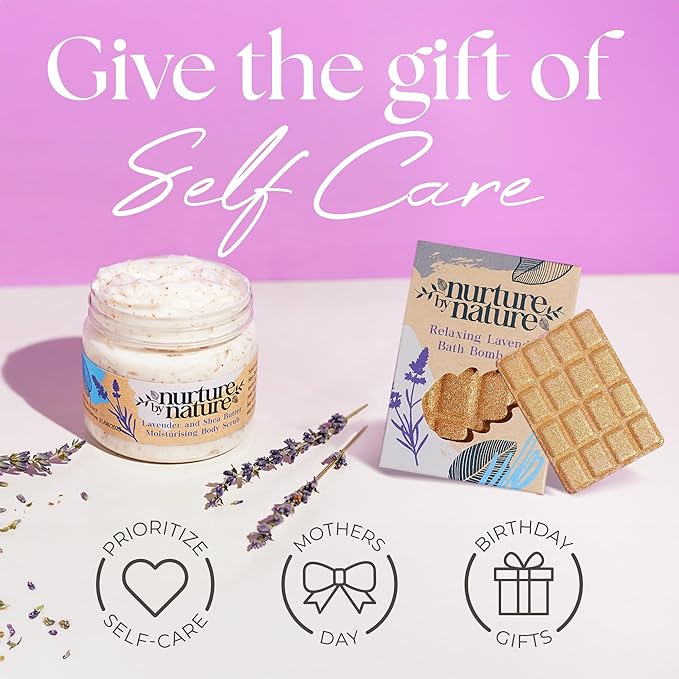 NURTURE BY NATURE Relax & Calm Christmas Gift Basket – Spa Gifts for Women with Bath Bomb, Hand Cream, Lavender Pillow Mist & Scented Candle - Vegan - Stocking Stuffers, Holiday Gifts, Gifts for Mom